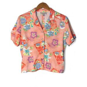 VTG Hawaiian Shirt Pink Florals, Open Back, Cropped Fit 100% Rayon sz M petite